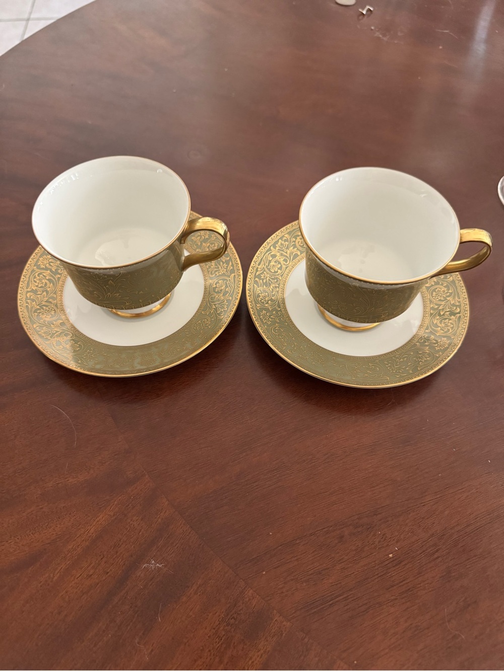 Sango Versailles 3632 Green and Gold Porcelain Teacup and Saucer Set - 2 Pieces